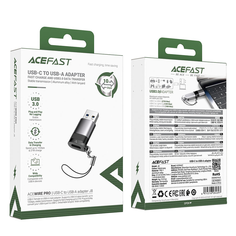 USB-C to USB-A Data and Charging Adapter Acefast J8, Gray