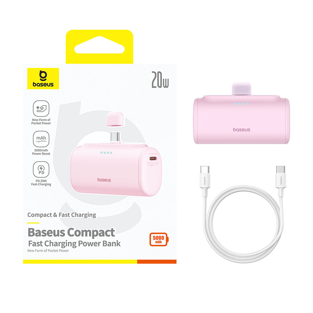 Baseus Compact External Battery, 5000mAh, 20W, PD, 2 x USB-C, Pink P10068306413-00
