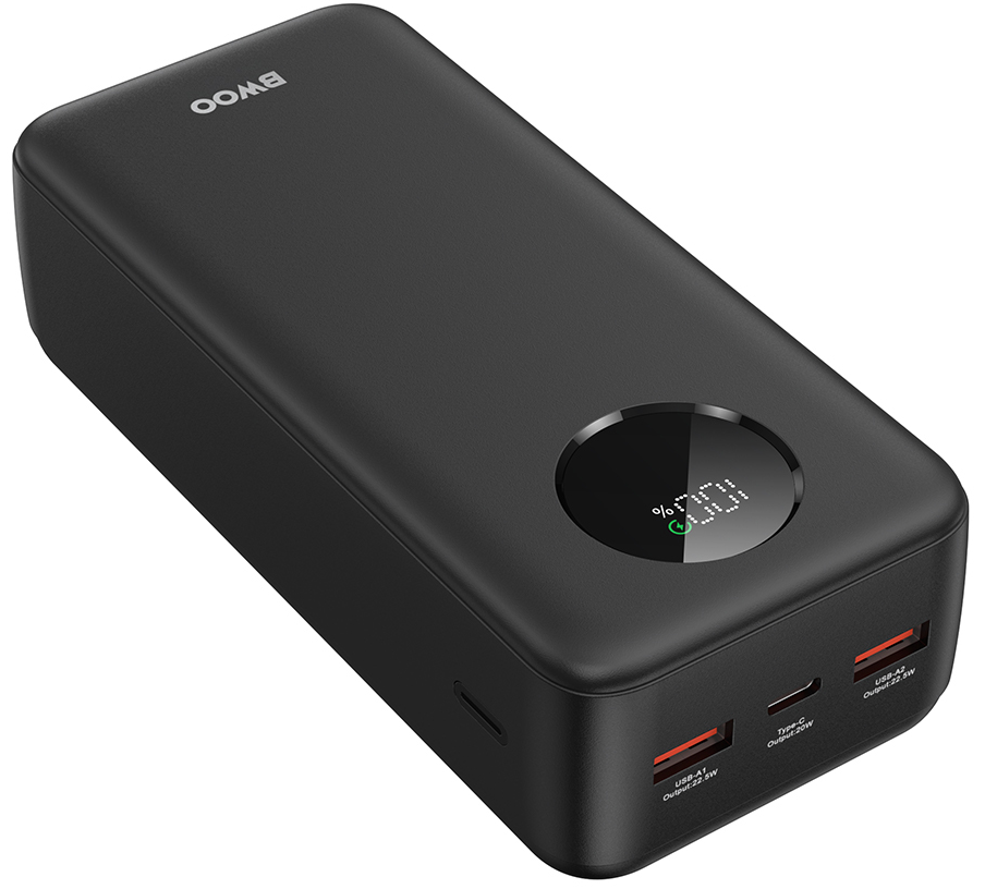 External Battery BWOO BO-P64, 30000mAh, 22.5W, QC + PD, 1 x USB-C - 2 x USB-A, Black