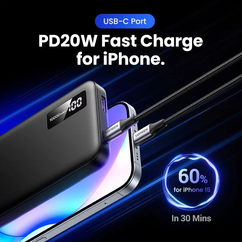 UGREEN PB311 External Battery, 10000mAh, 22.5W, QC + PD, 1 x USB-C - 2 x USB-A, Black