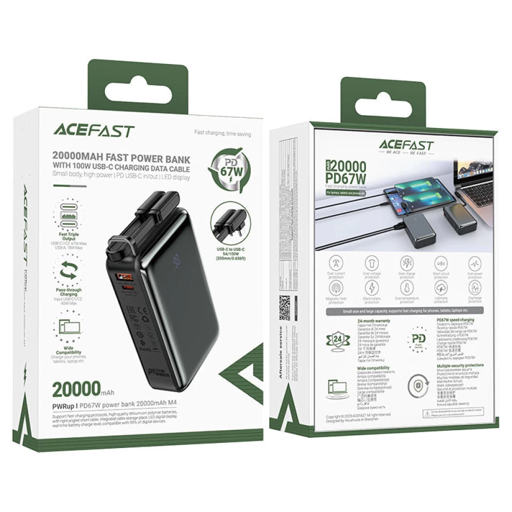 External Battery Acefast M4, 20000mAh, 67W, PD, 1 x USB-A - 2 x USB-C, Black