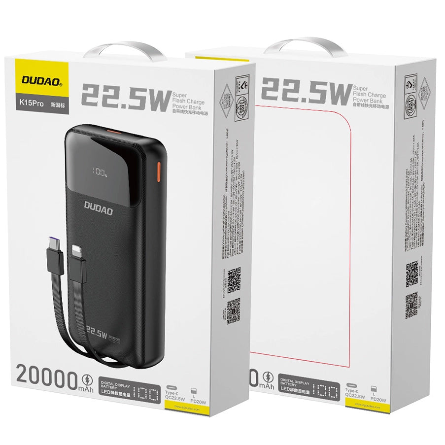 Dudao K15Pro External Battery, 20000mAh, 22.5W, QC + PD, 1 x Lightning - 1 x USB-A - 2 x USB-C, Black