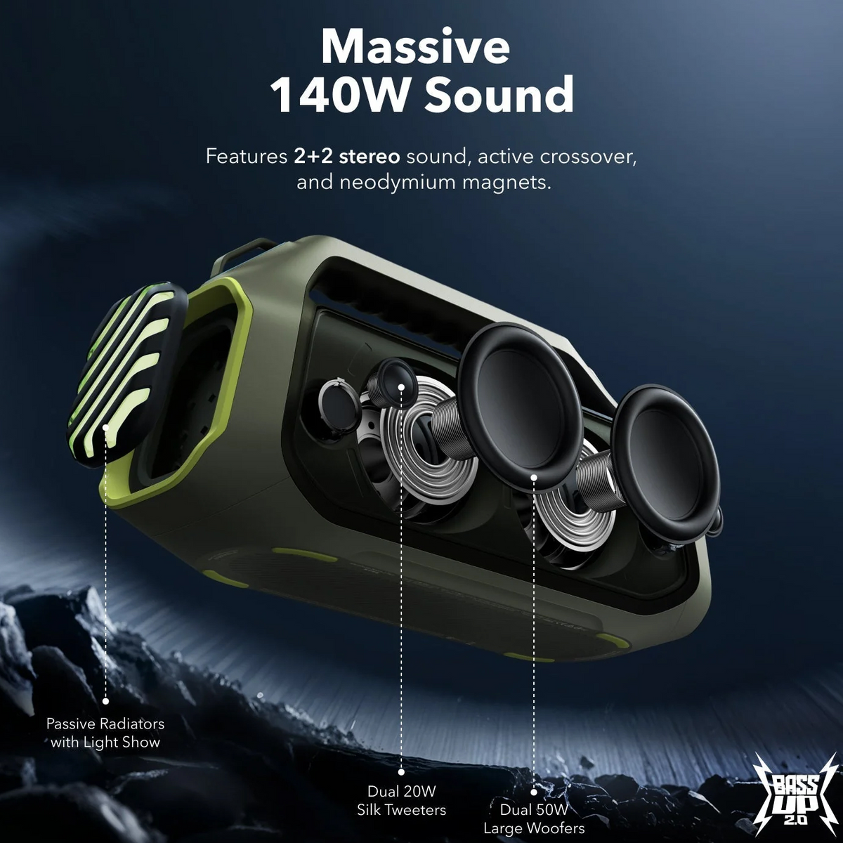 Anker SoundCore Boom 2 Plus Portable Bluetooth Speaker, 140W, TWS, RGB, Waterproof, Green, Resealed A3134061