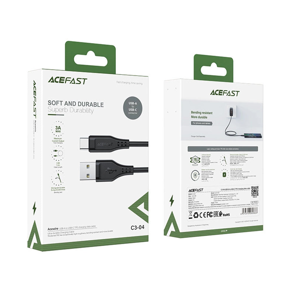 USB-A to USB-C Data and Charging Cable Acefast C3-03, 60W, 1.2m, Black