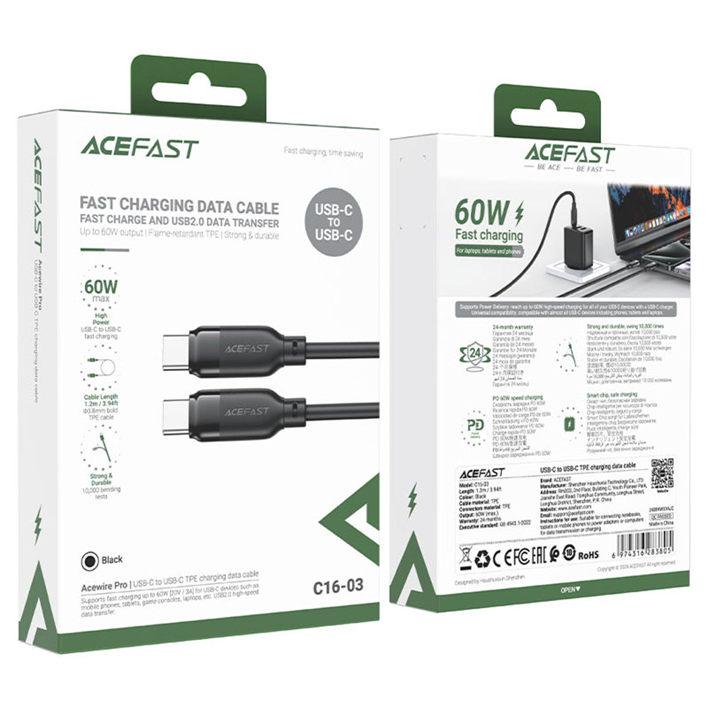 USB-C Data and Charging Cable - USB-C Acefast C16-03, 60W, 1.2m, Black