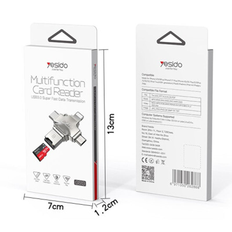 USB / USB-C / Lightning / microUSB Yesido GS13 Card Reader, microSD, Silver