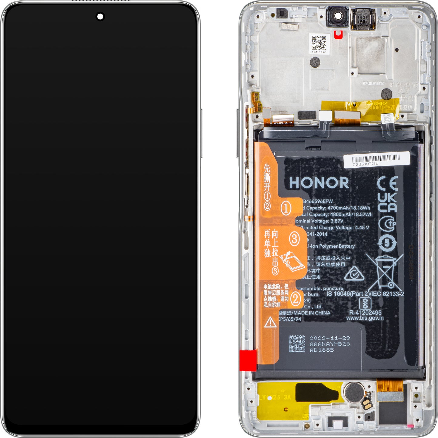 Display with Touchscreen Honor Magic4 Lite, with Frame and Battery, Titanium Silver, Service Pack 0235ABSS