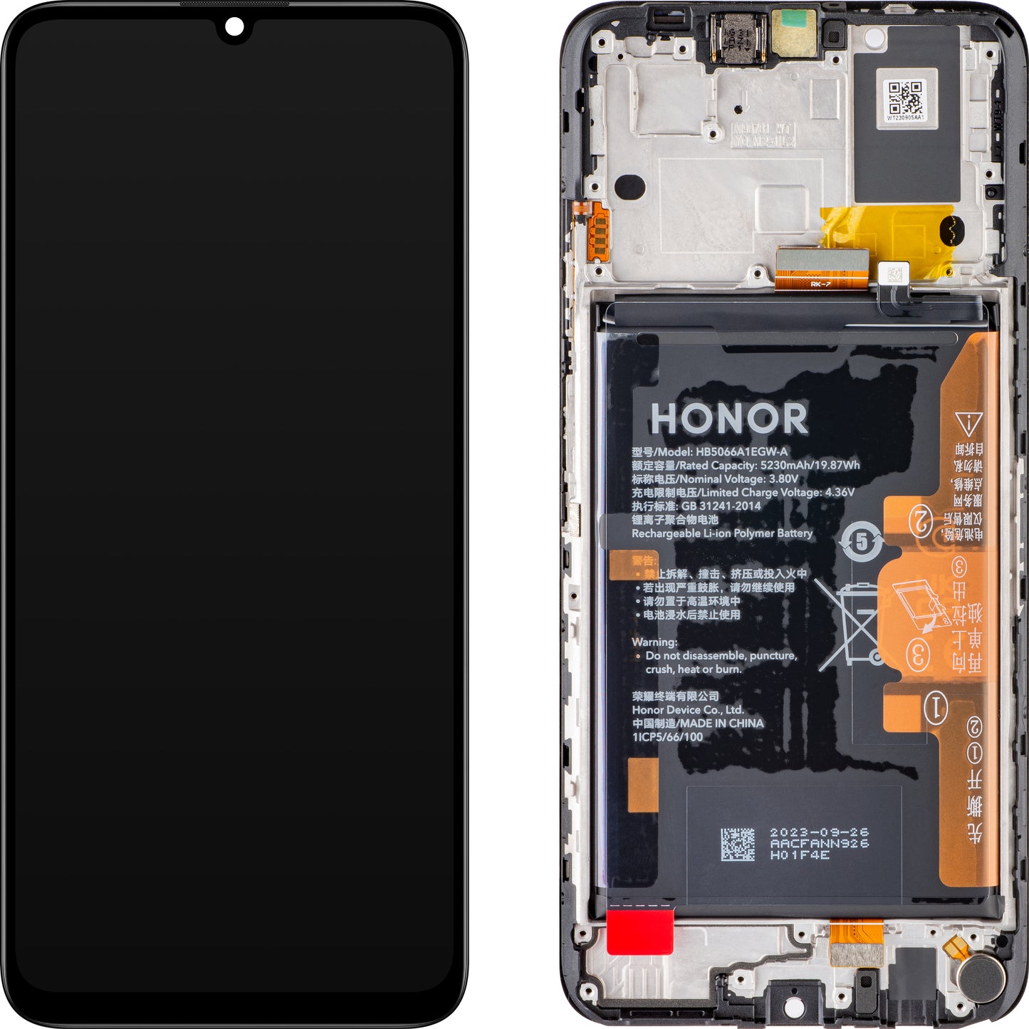 Touchscreen Display Honor X7a, with Frame and Battery, Black (Midnight Black), Service Pack 0235AENA 0235AENA