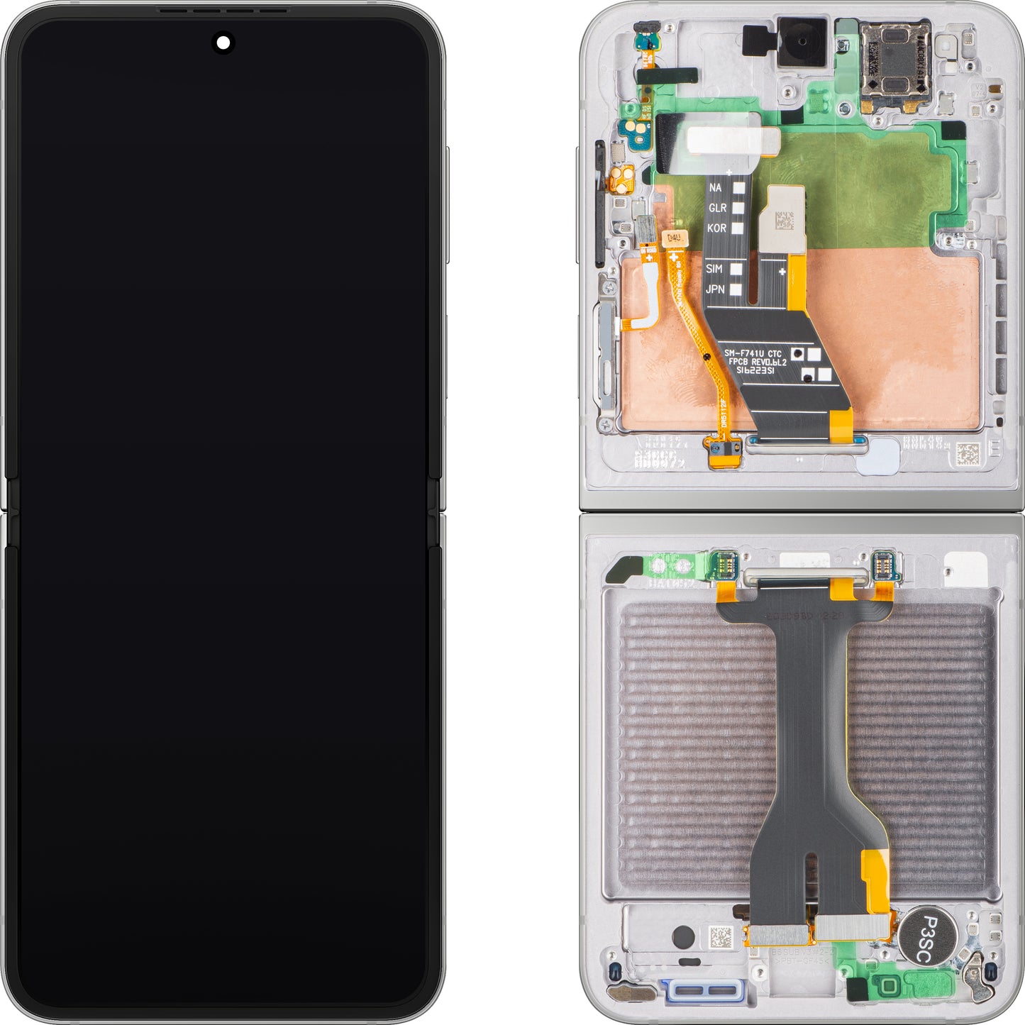 Samsung Galaxy Z Flip6 F741 Display with Touchscreen, Frame, Under Inner, Silver (Silver Shadow), Service Pack GH82-35013A