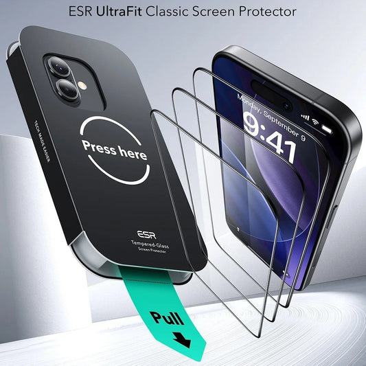 ESR UltraFit Screen Protector for Apple iPhone 17 / 16 Pro, Tempered Glass, Full Glue, Set of 3 Pieces