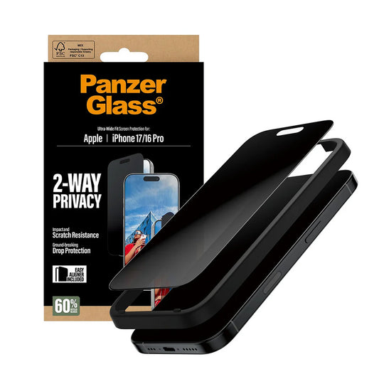 Privacy Screen Protector PanzerGlass Ultra-Wide Fit 2-Way EasyAligner for Apple iPhone 17 / 16 Pro, Tempered Glass, Full Glue