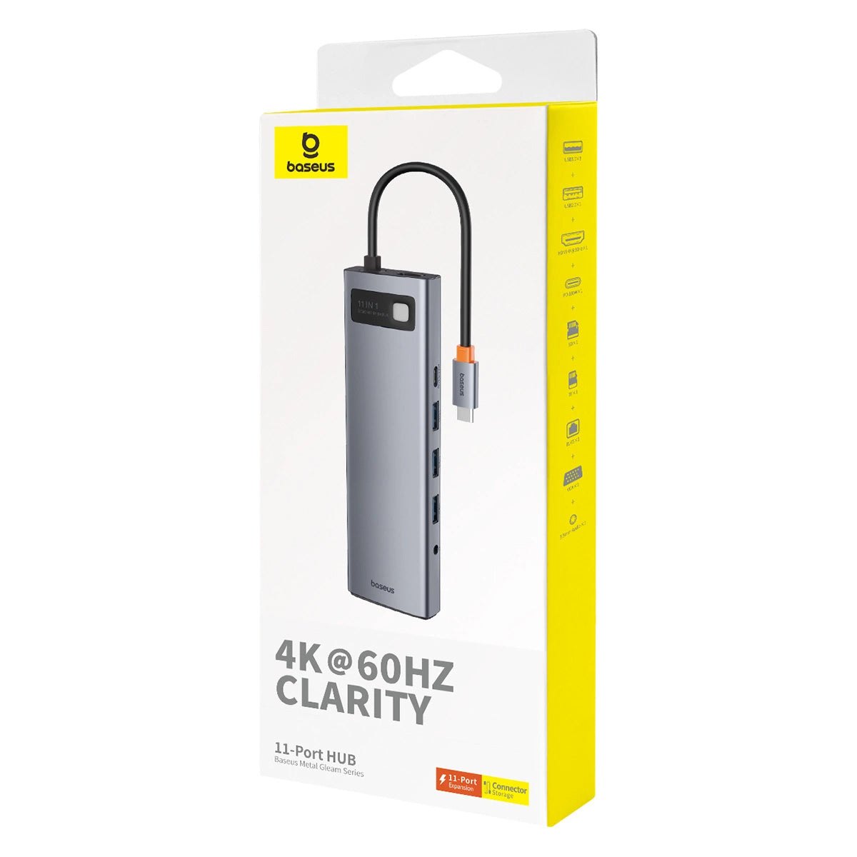 Baseus Metal Gleam USB-C Hub, 3 x USB-A 3.0 - 1 x USB-A - 1 x USB-C - 1 x HDMI - 1 x VGA - 1 x 3.5mm Jack - 1 x RJ45 - 1 x SD - 1 x microSD, Gray