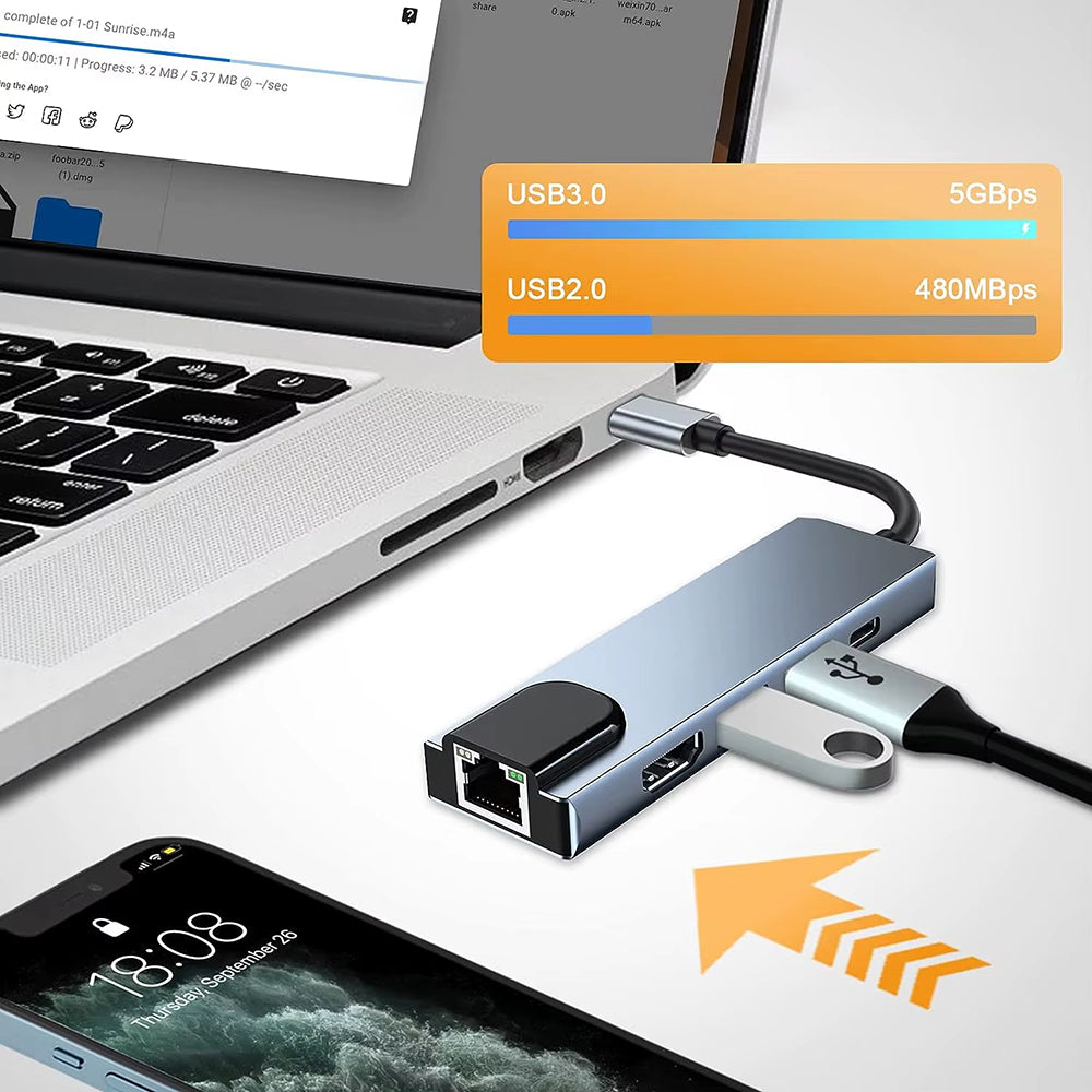 USB-C Techsuit H1 NetBridge Hub, 5in1, Gray