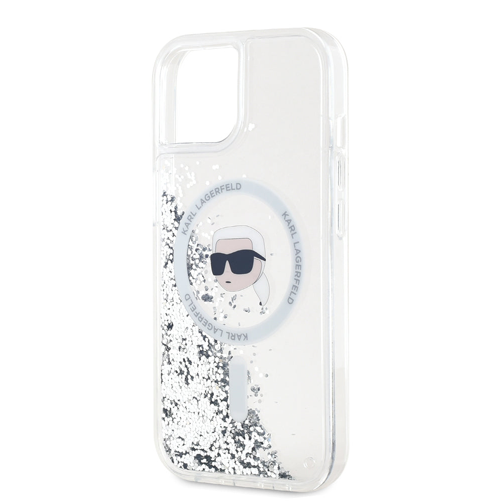 MagSafe Case for Apple iPhone 15, Karl Lagerfeld, Liquid Glitter Karl's Head, Transparent
