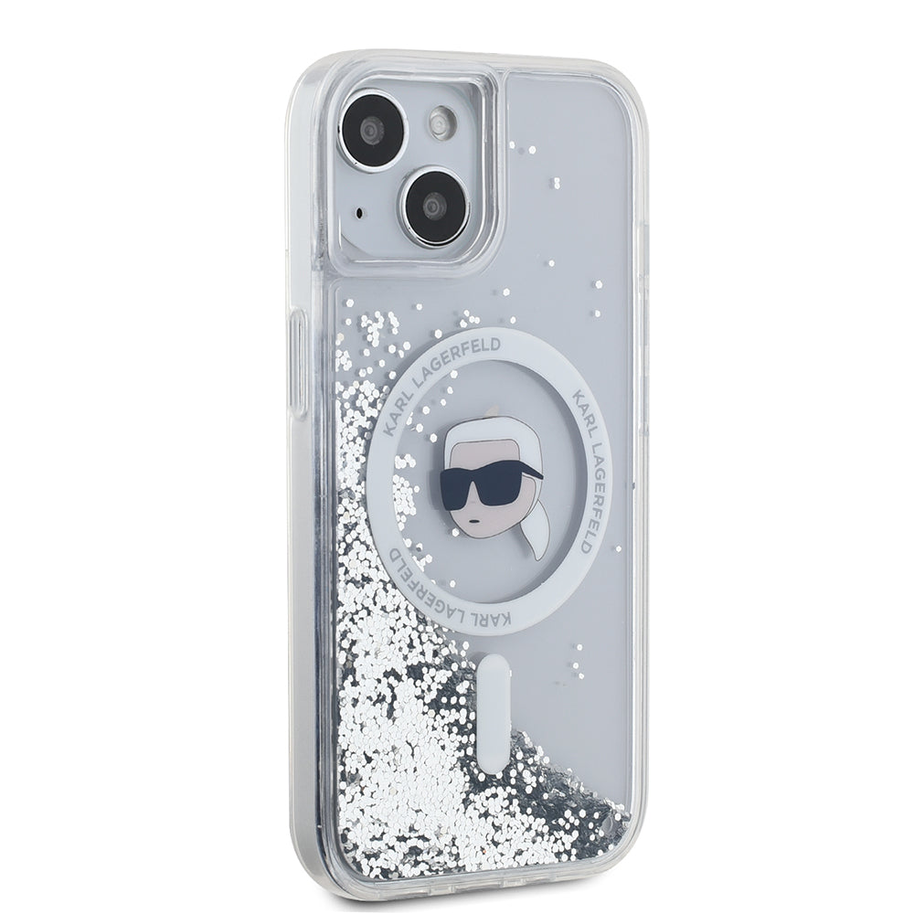 MagSafe Case for Apple iPhone 15, Karl Lagerfeld, Liquid Glitter Karl's Head, Transparent