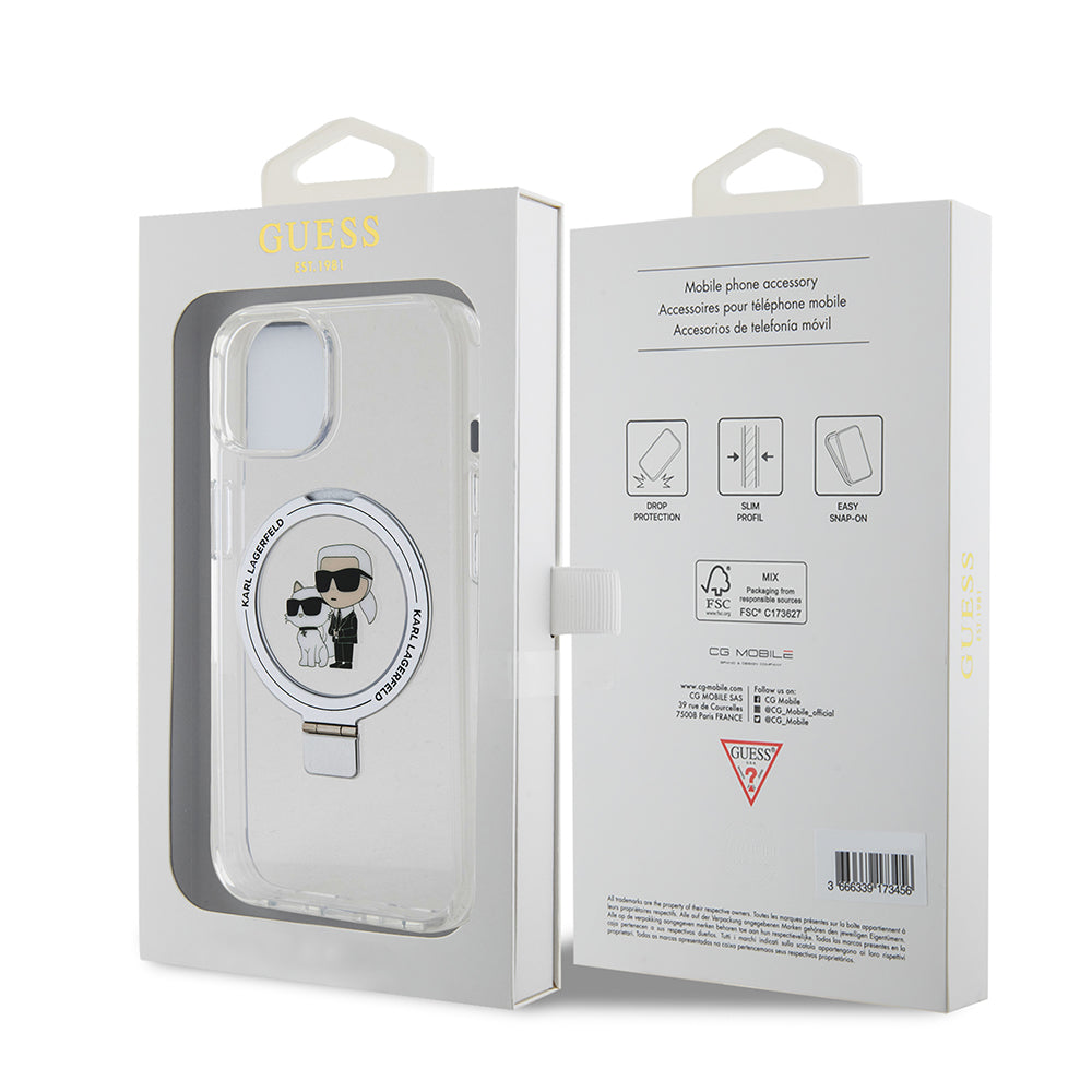 MagSafe Case for Apple iPhone 15, Karl Lagerfeld, Ring Stand Karl & Choupette, White