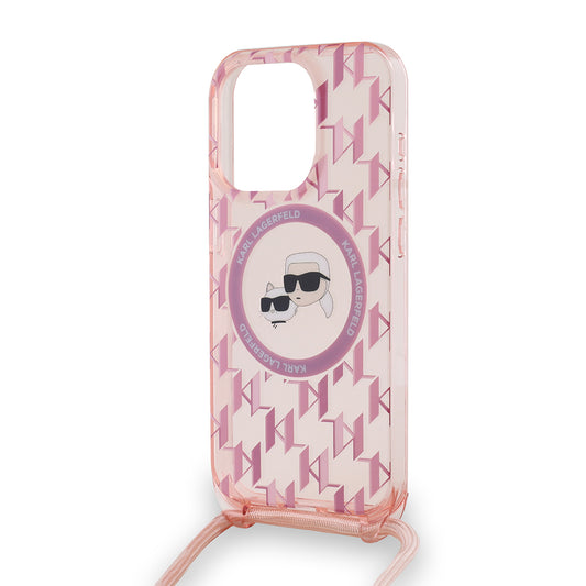 MagSafe Case for Apple iPhone 15 Pro, Karl Lagerfeld, IML Crossbody Monogram Karl & Choupette's Heads, Pink