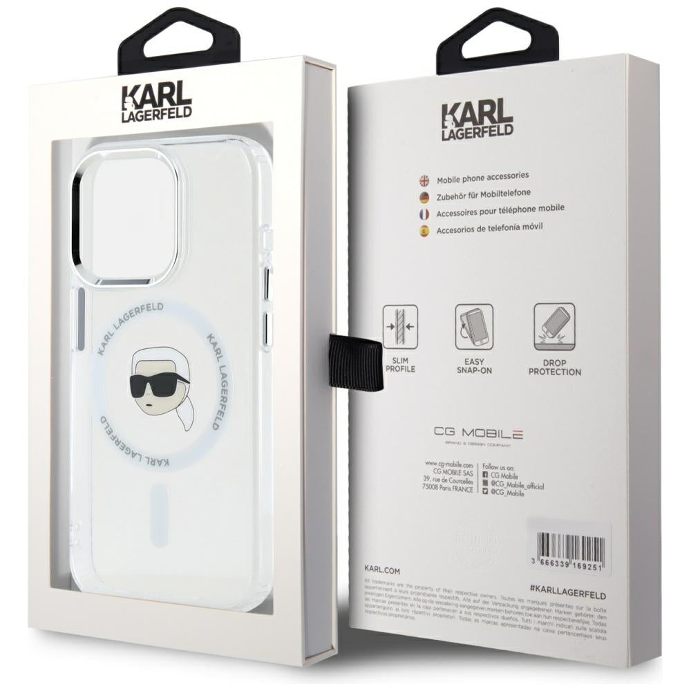 MagSafe Case for Apple iPhone 15 Pro, Karl Lagerfeld, IML Metal Karl's Head, White