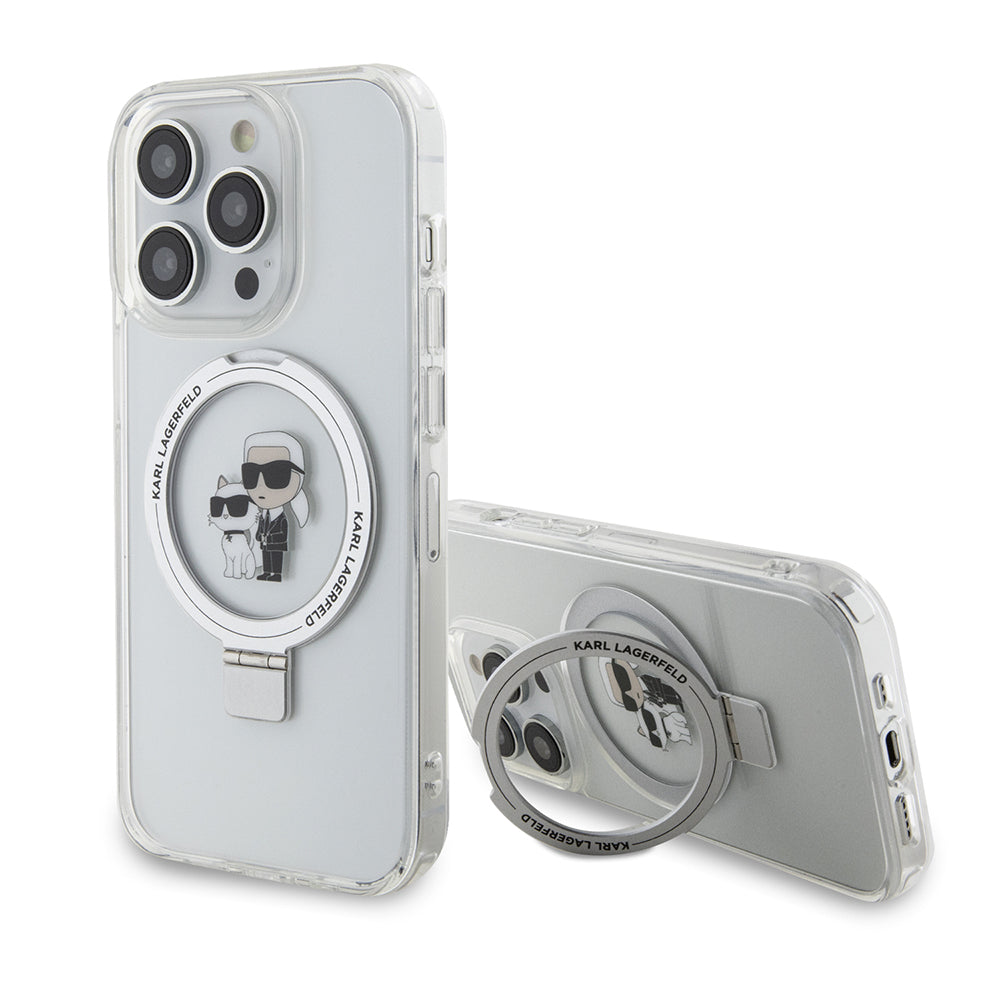MagSafe Case for Apple iPhone 15 Pro, Karl Lagerfeld, Ring Stand Karl & Choupette, White