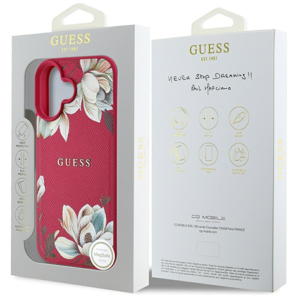 MagSafe Case for Apple iPhone 16, Guess, Grained Flowers, Fuchsia