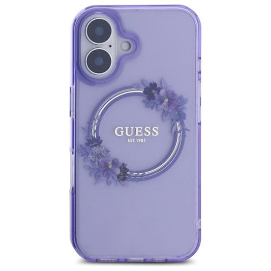 MagSafe Case for Apple iPhone 16, Guess, IML Flowers Wreath, Purple