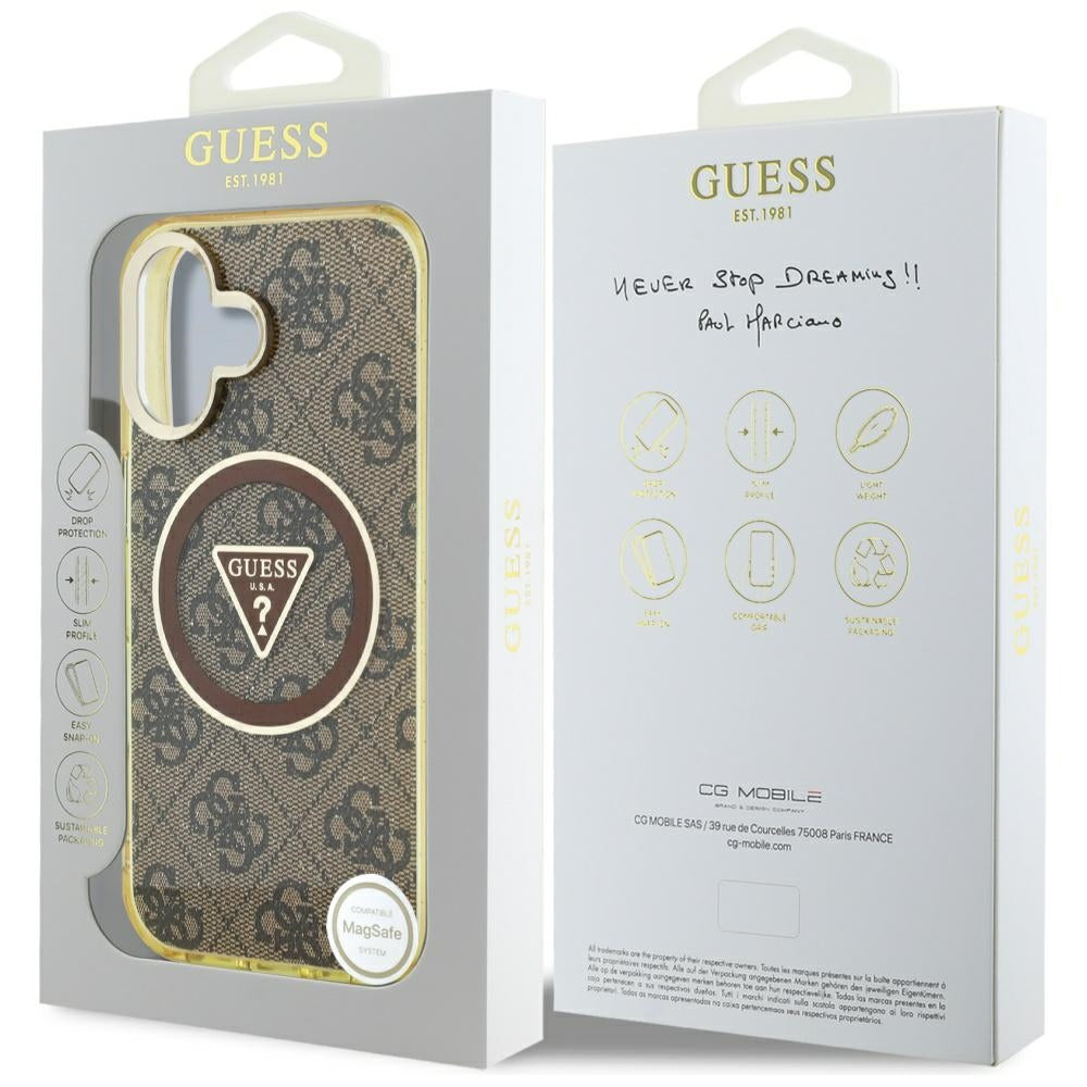 MagSafe Case for Apple iPhone 16, Guess, IML Glitter 4G Circle Triangle, Brown
