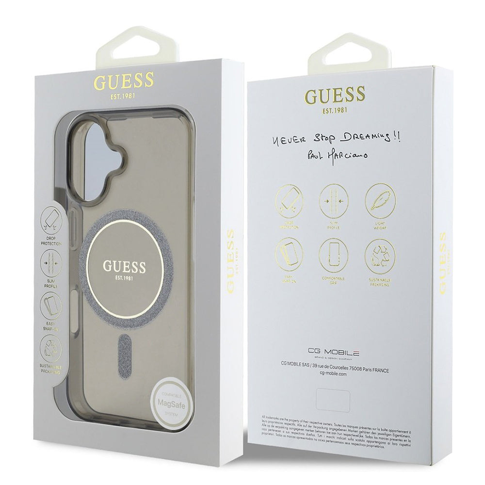 MagSafe Case for Apple iPhone 16, Guess, IML Glitter Circle, Black