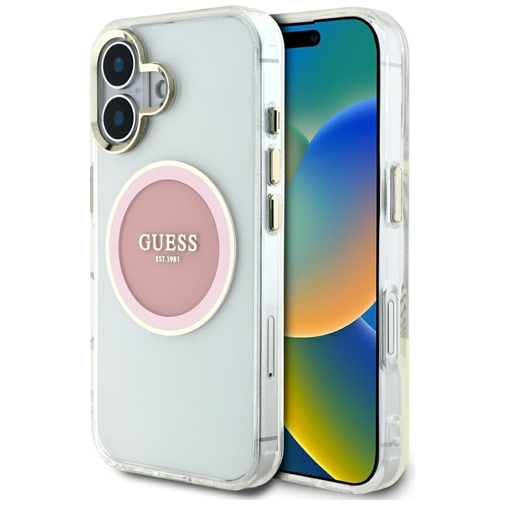 MagSafe Case for Apple iPhone 16, Guess, IML Metal Colored Circle, Pink