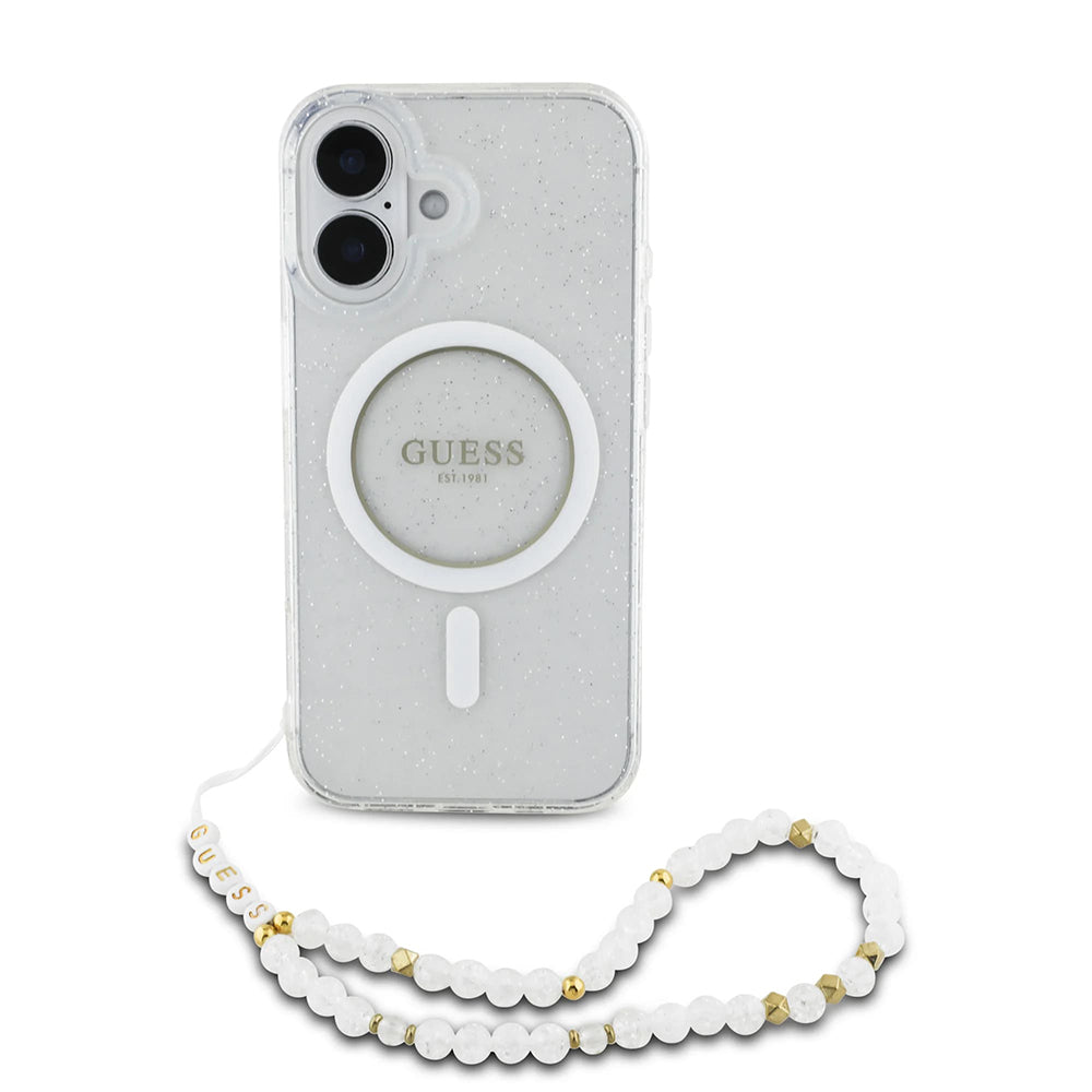 MagSafe Case for Apple iPhone 16 Plus, Guess, IML Glitter with Pearl Strap, Transparent