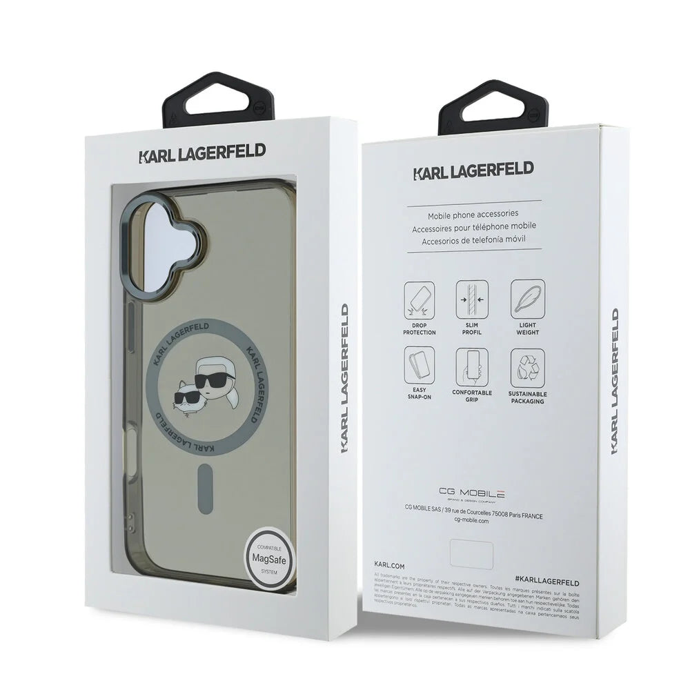 MagSafe Case for Apple iPhone 16 Plus, Karl Lagerfeld, IML Metal Karl & Choupette's Heads, Black