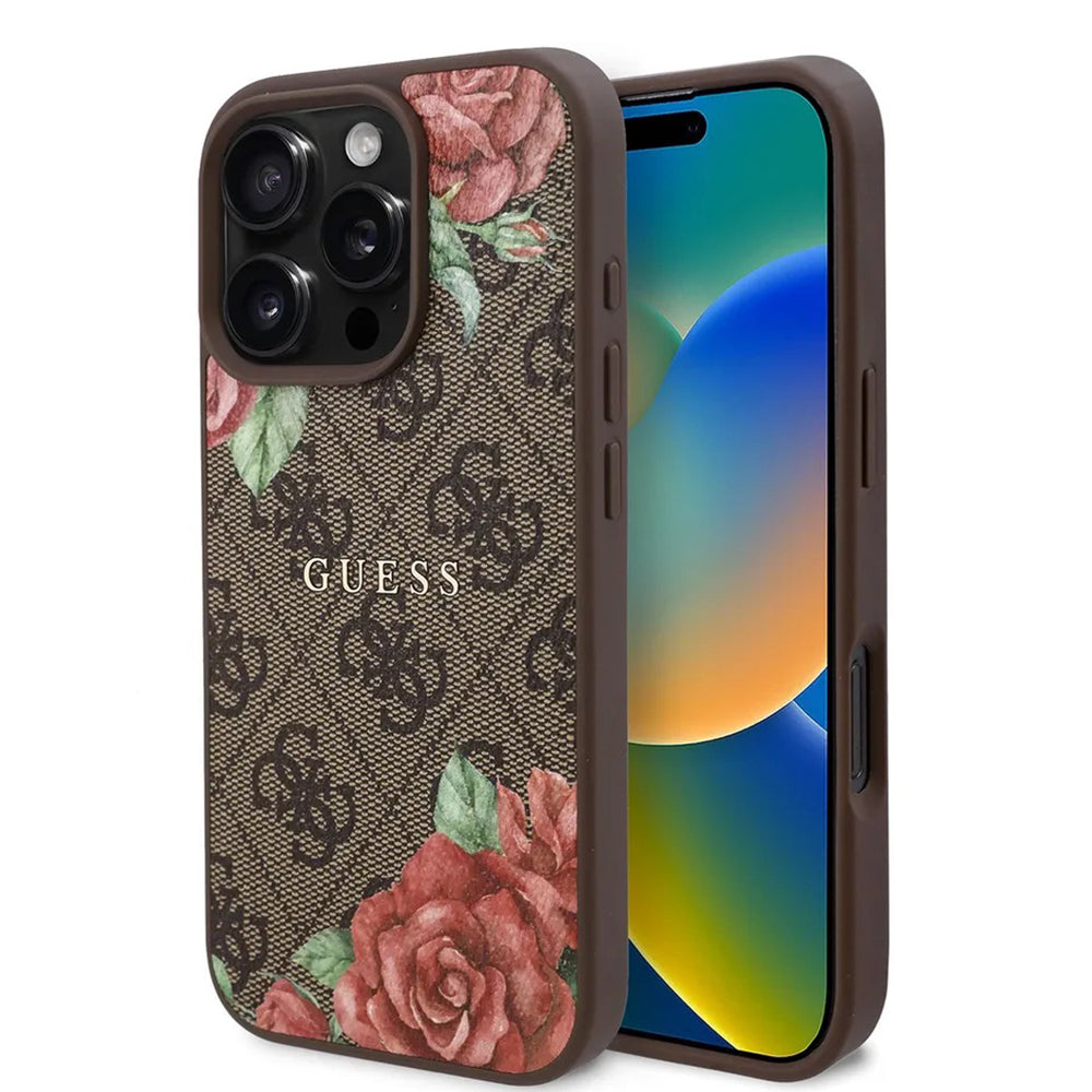 MagSafe Case for Apple iPhone 16 Pro, Guess, 4G Flowers Print, Brown