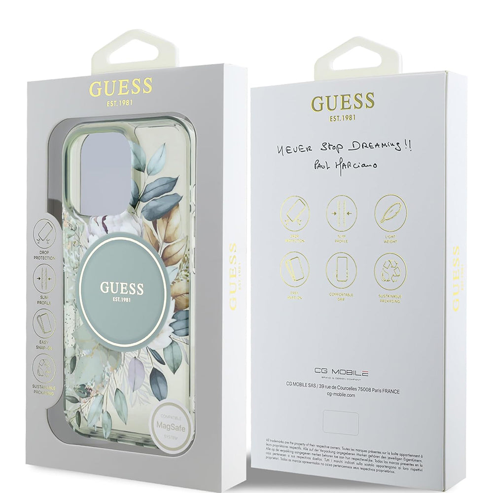 MagSafe Case for Apple iPhone 16 Pro, Guess, IML Flower & Tonal Circle, Green