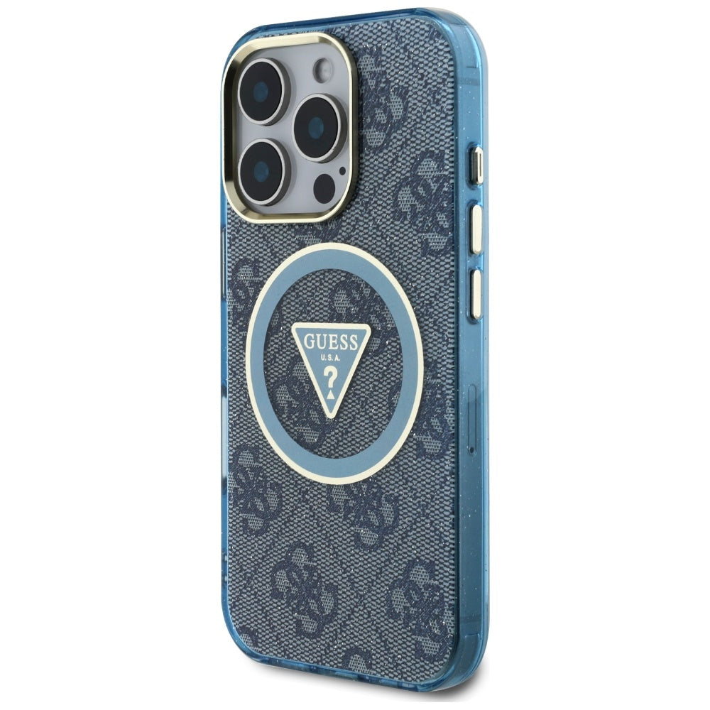 MagSafe Case for Apple iPhone 16 Pro, Guess, IML Glitter 4G Circle Triangle, Blue