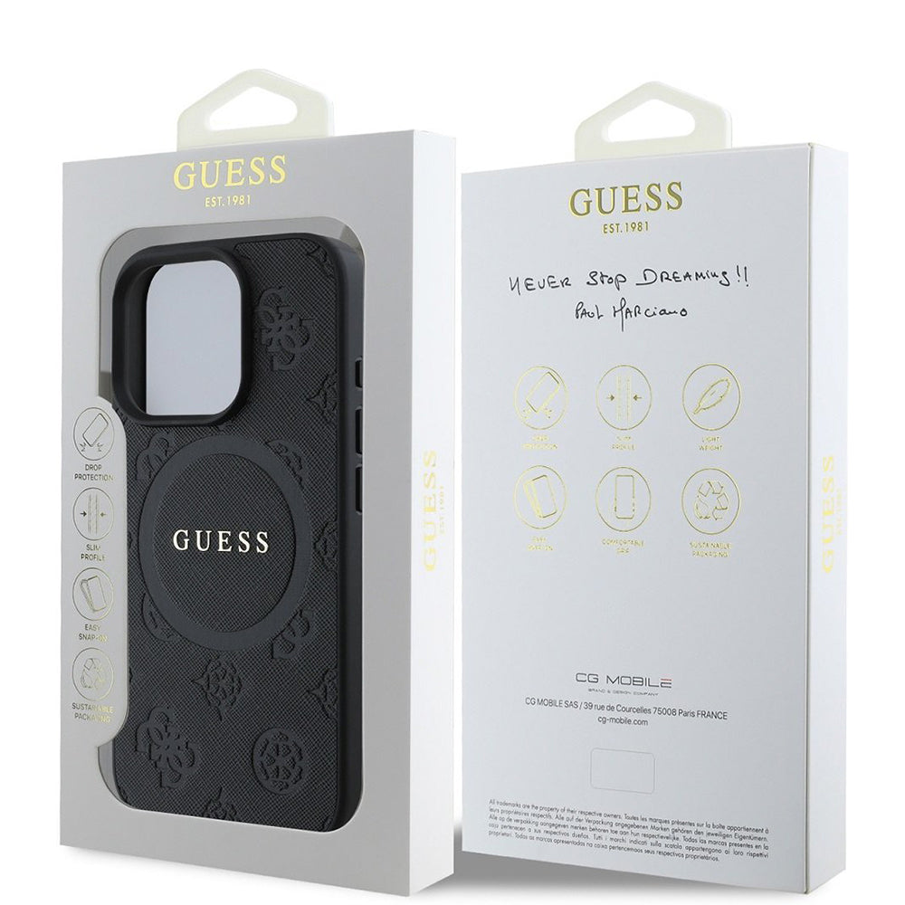 MagSafe Case for Apple iPhone 16 Pro, Guess, Saffiano Peony Classic Logo, Black
