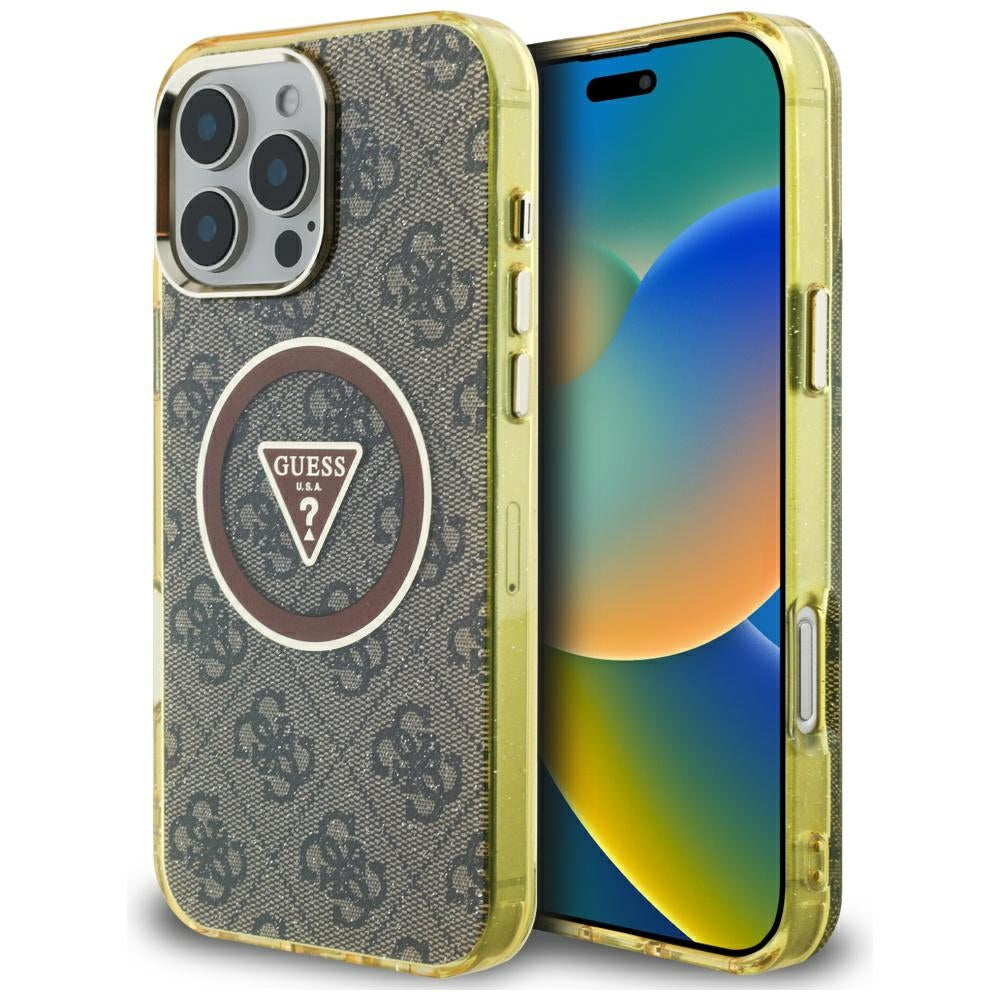 MagSafe Case for Apple iPhone 16 Pro Max, Guess, IML Glitter 4G Circle Triangle, Brown