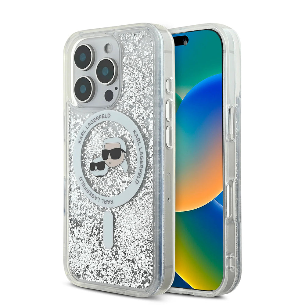 MagSafe Case for Apple iPhone 16 Pro Max, Karl Lagerfeld, Liquid Glitter Karl & Choupette's Heads, Transparent