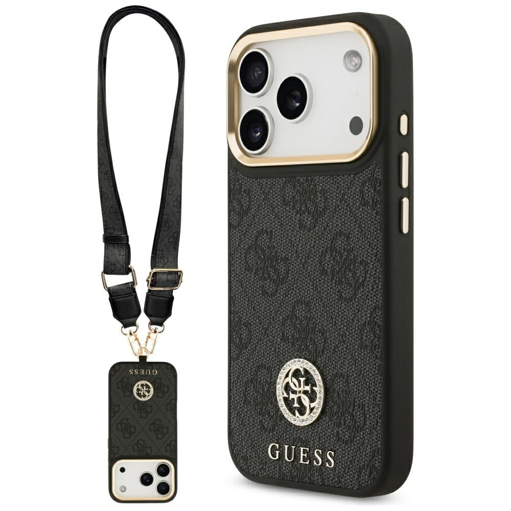 MagSafe Case for Apple iPhone 17 Pro, Guess, 4G Strass Logo with Big Strap, Black