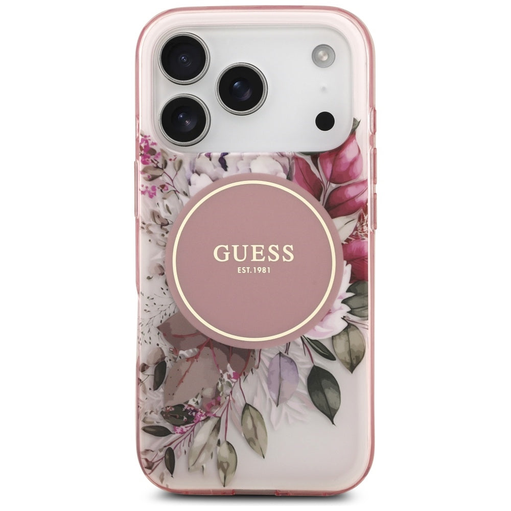 MagSafe Case for Apple iPhone 17 Pro, Guess, IML Flower and Tonal Circle, Pink