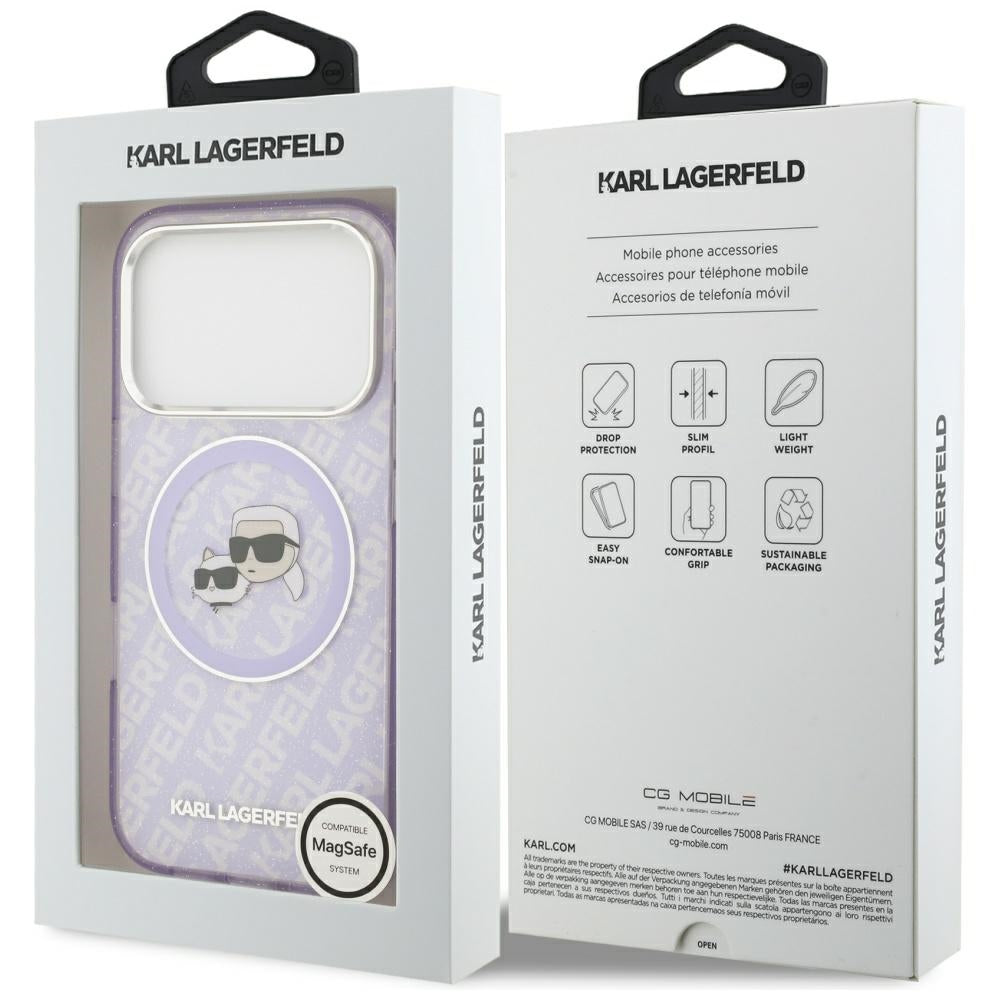 MagSafe Case for Apple iPhone 17 Pro, Karl Lagerfeld, IML Glitter Karl & Choupette's Heads, Purple
