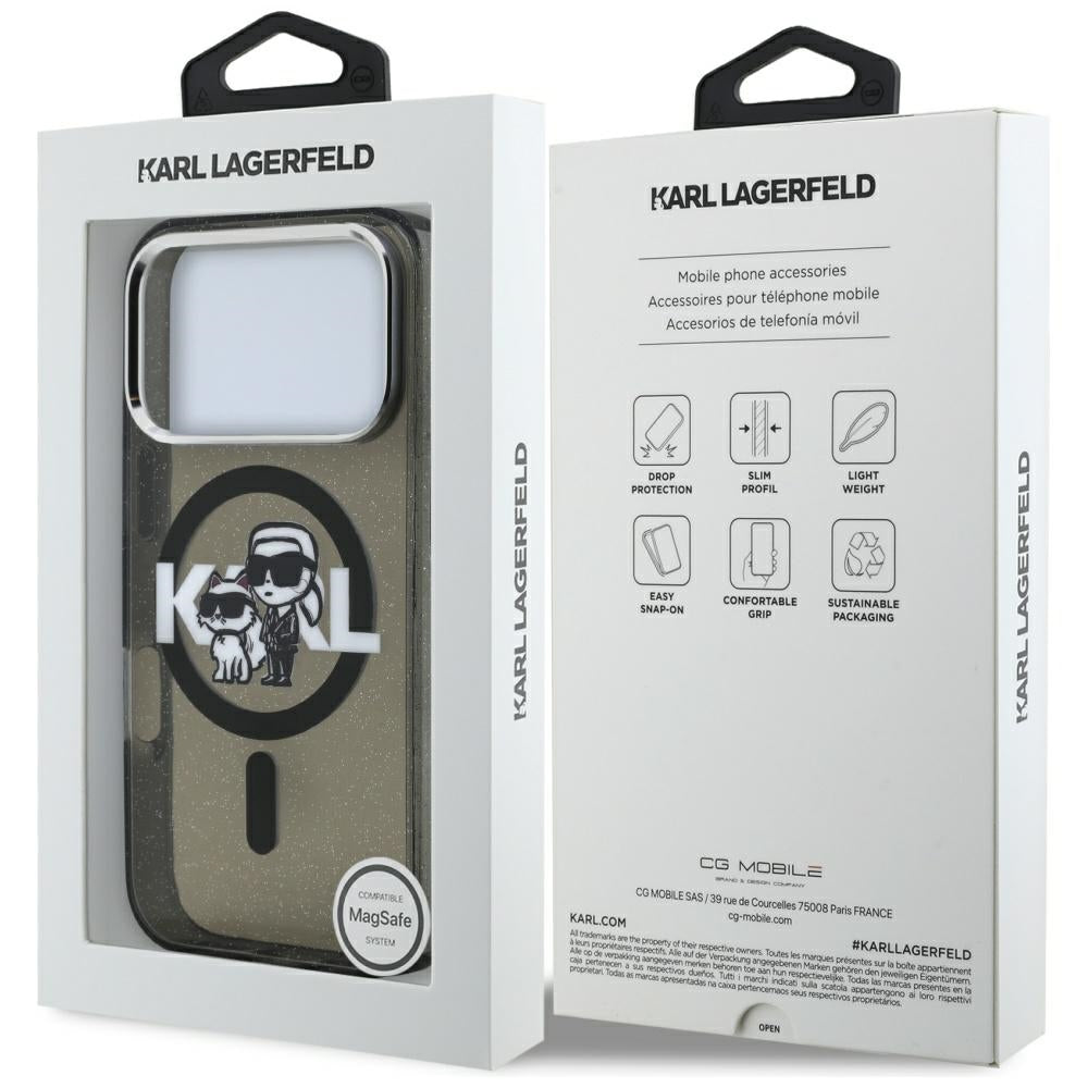 MagSafe Case for Apple iPhone 17 Pro, Karl Lagerfeld, IML Sketch Logo Glitter Karl & Choupette, Black