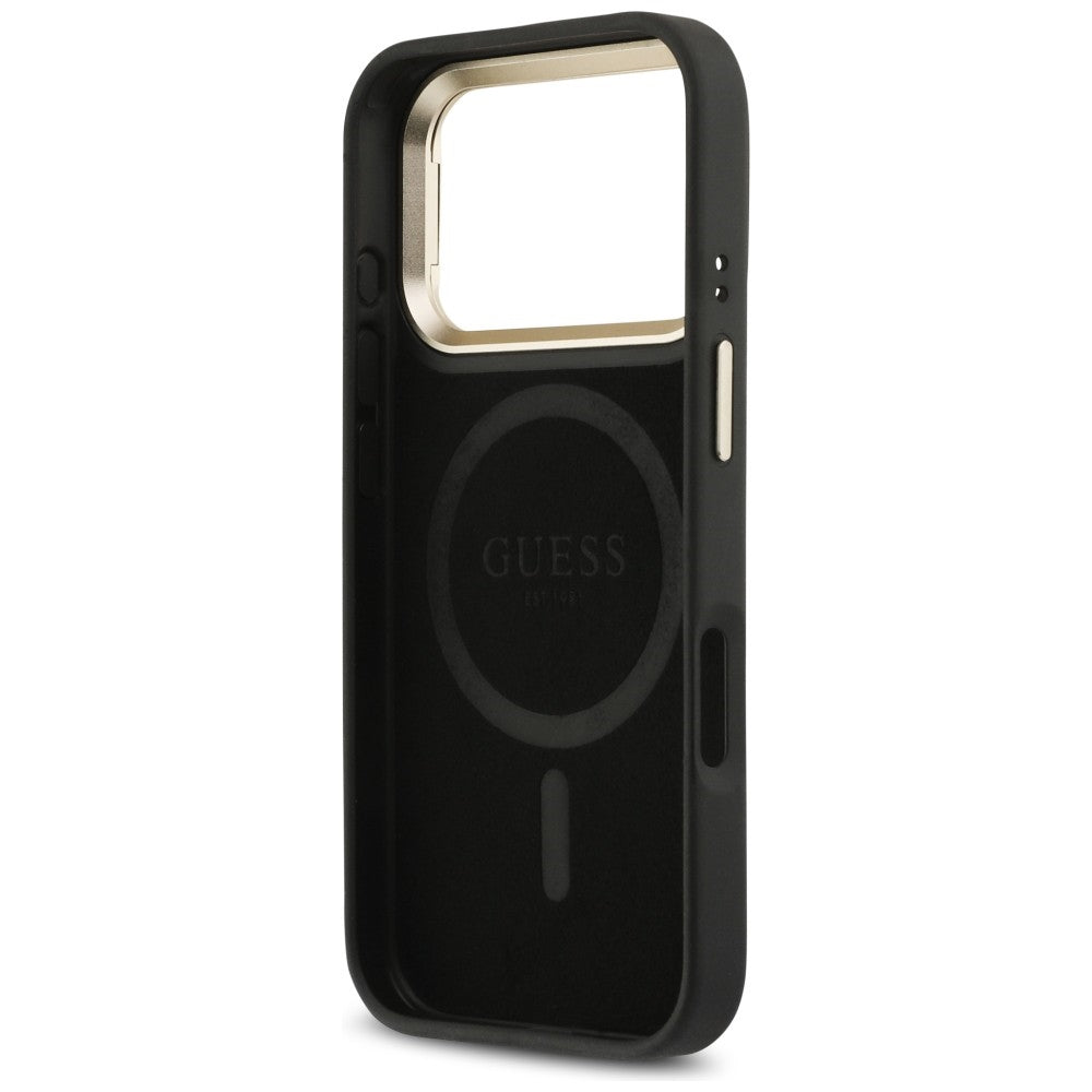 MagSafe Case for Apple iPhone 17 Pro Max, Guess, 4G Triangle Logo with Stand Camera, Black Gold