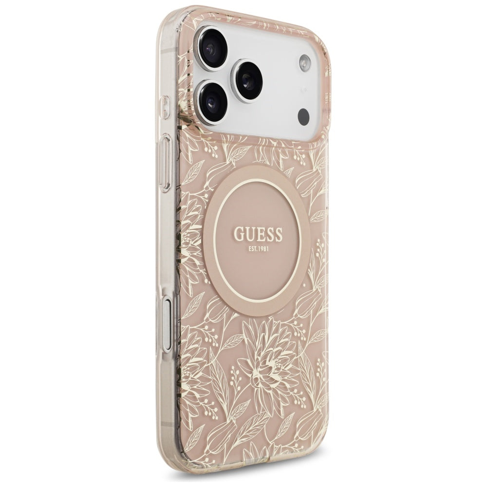 MagSafe Case for Apple iPhone 17 Pro Max, Guess, IML Flowers Allover Electroplated with Pearl Strap, Pink