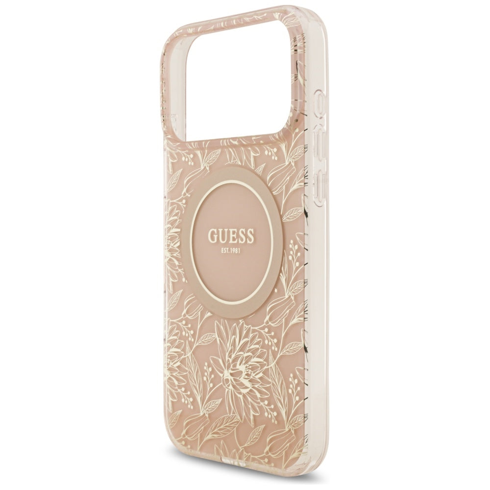 MagSafe Case for Apple iPhone 17 Pro Max, Guess, IML Flowers Allover Electroplated with Pearl Strap, Pink
