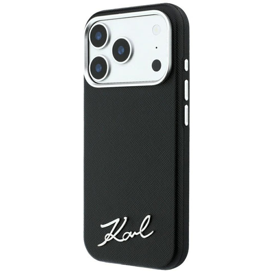 MagSafe Case for Apple iPhone 18 Pro / 17 Pro, Karl Lagerfeld, Saffiano Small Script Metal Logo, Black