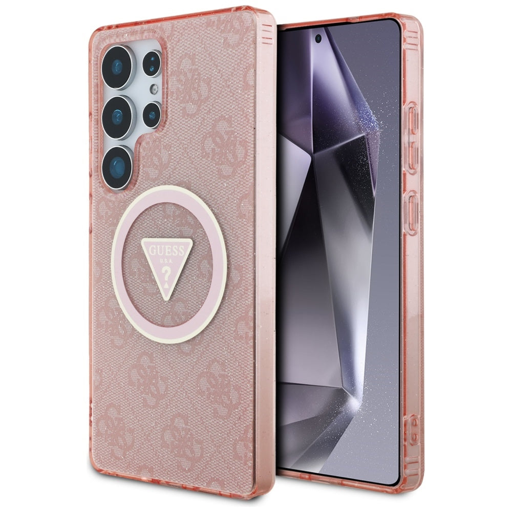 MagSafe Case for Samsung Galaxy S25 Ultra S938, Guess, IML Glitter 4G Circle Triangle, Pink
