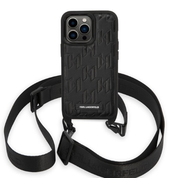 Case for Apple iPhone 14 Pro, Karl Lagerfeld, Monogram Plaque Logo with Strap, Black