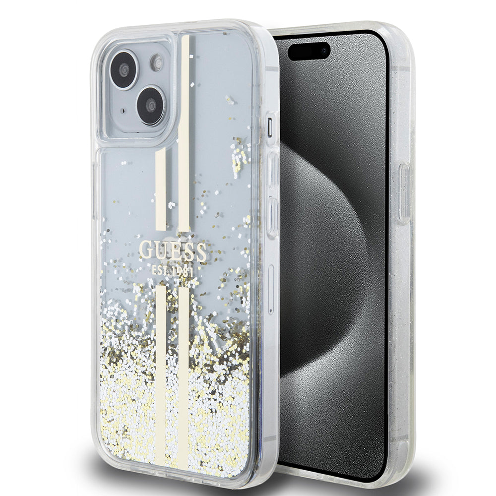 Case for Apple iPhone 15, Guess, Liquid Glitter Gold Stripes, Transparent