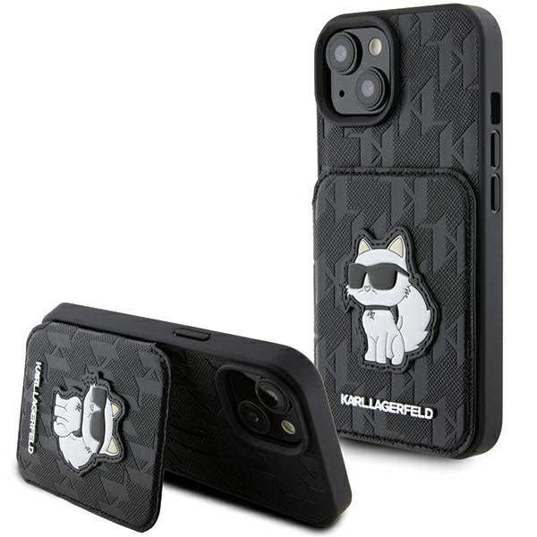 Case for Apple iPhone 15, Karl Lagerfeld, Saffiano Cardslots and Stand Monogram Choupette, Black