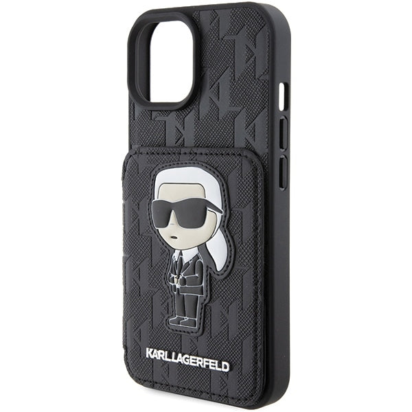 Case for Apple iPhone 15, Karl Lagerfeld, Saffiano Cardslots and Stand Monogram Ikonik Karl, Black