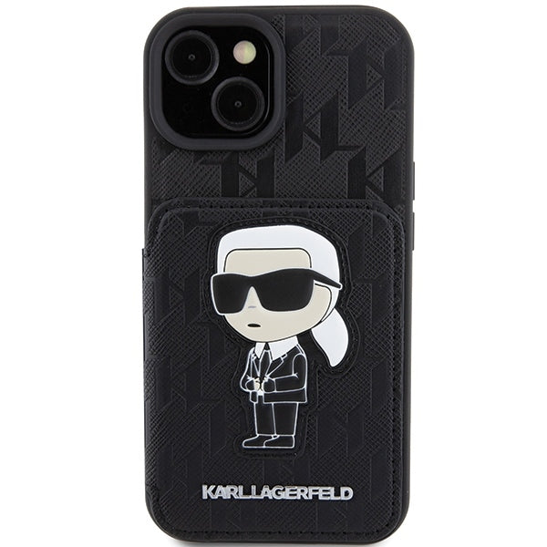 Case for Apple iPhone 15, Karl Lagerfeld, Saffiano Cardslots and Stand Monogram Ikonik Karl, Black